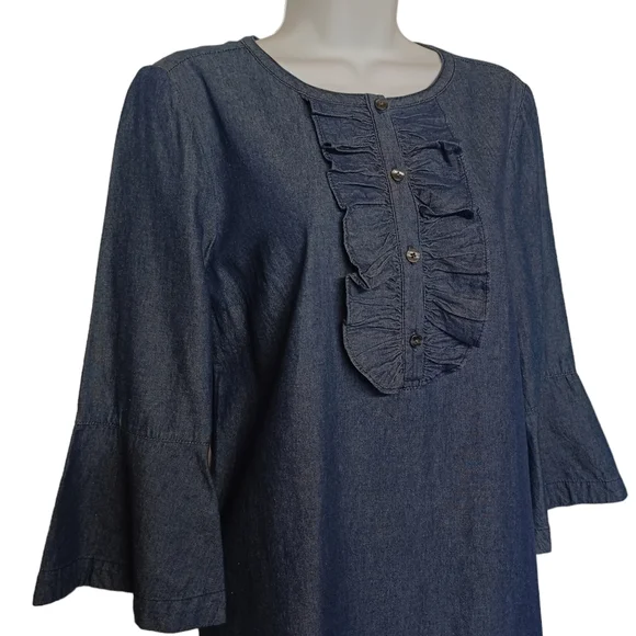 DRAPER JAMES Dark Wash Chambray Denim Ruffle Flare Sleeve Shift